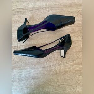 Vintage Black Leather Square Toe Pumps Low Heel Designer Made In Spain